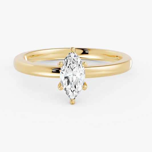 Colette solitaire forlovelsesring med marquise diamant i gult gull, liggende sett forfra
