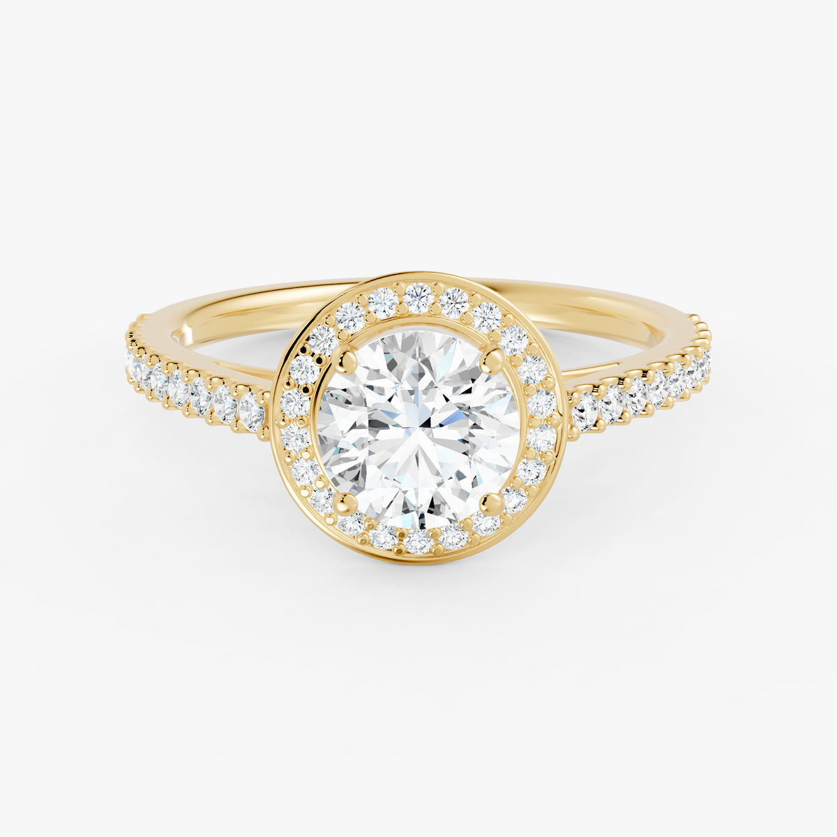 Coralie halo forlovelsesring med rund diamant og pavé i gult gull, liggende sett forfra