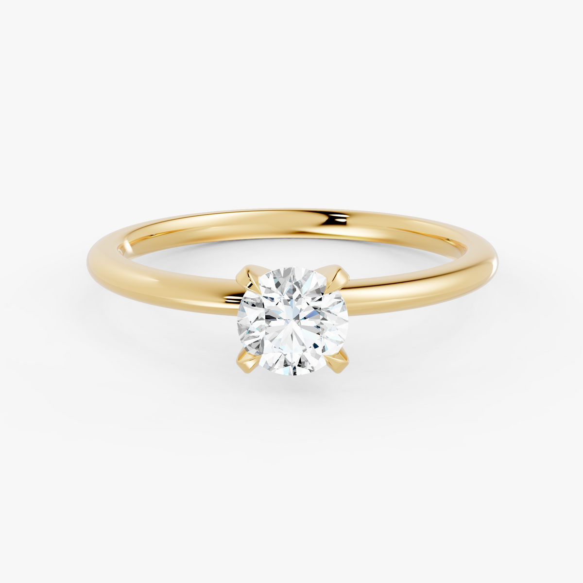 Vivienne solitaire forlovelsesring med rund diamant i gult gull, liggende sett forfra